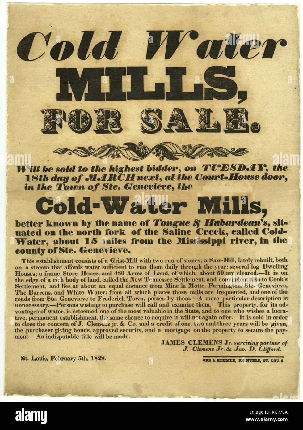 Broadside  Cold Water Mills for Sale, Ste. Genevieve, February 5, 1828 Stock Photo
