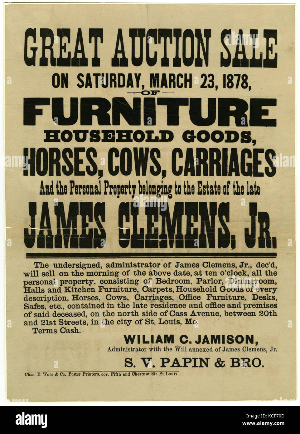 Broadside announcing the auction sale of furniture, household 