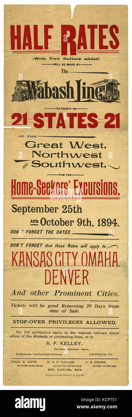Announcement of half rates on Wabash Line for round trip to Great West, Northwest and Southwest for Home Seekers, September 25, 1894 Stock Photo