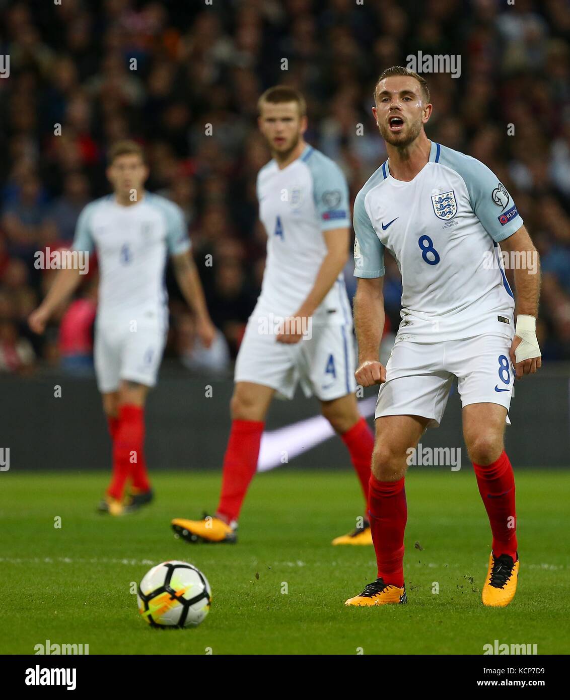 Jordan Henderson of England gestures during the FIFA World Cup Qualifier match between England and Slovenia at Wembley Stadium in London. 05 Oct 2017 Stock Photo
