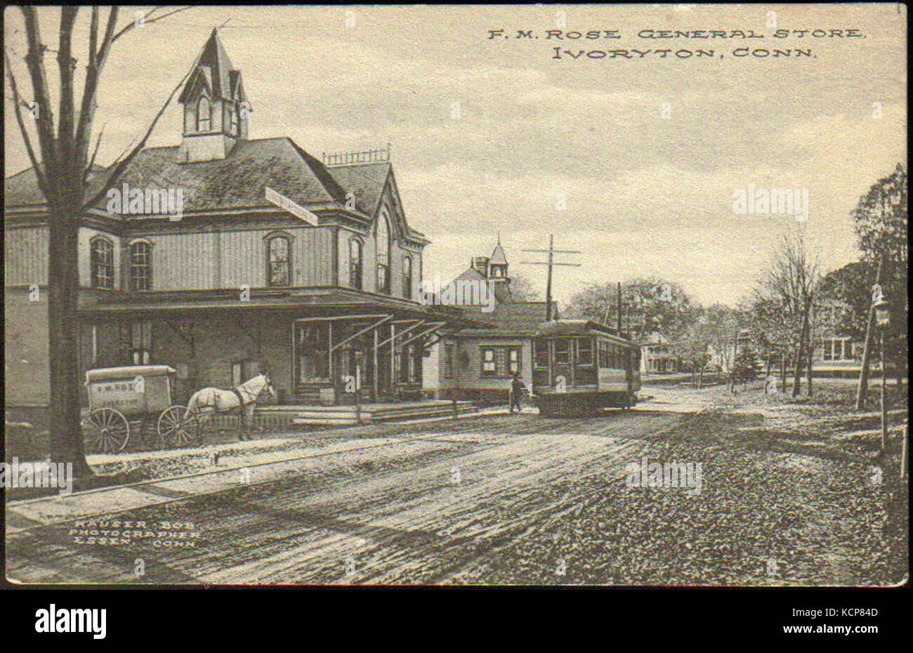 F.M. Rose General Store and trolley, Ivoryton postcard Stock Photo