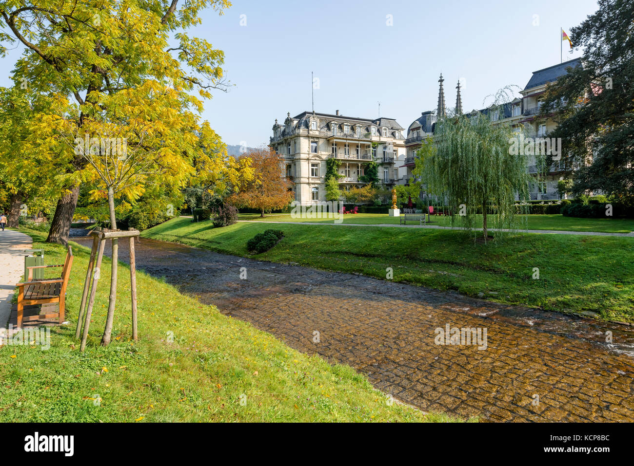 world famous hotel Brenners Parkhotel at the river Oos, spa park and arboretum at the Lichtentaler Allee in Baden-Baden, Black Forest, Germany Stock Photo