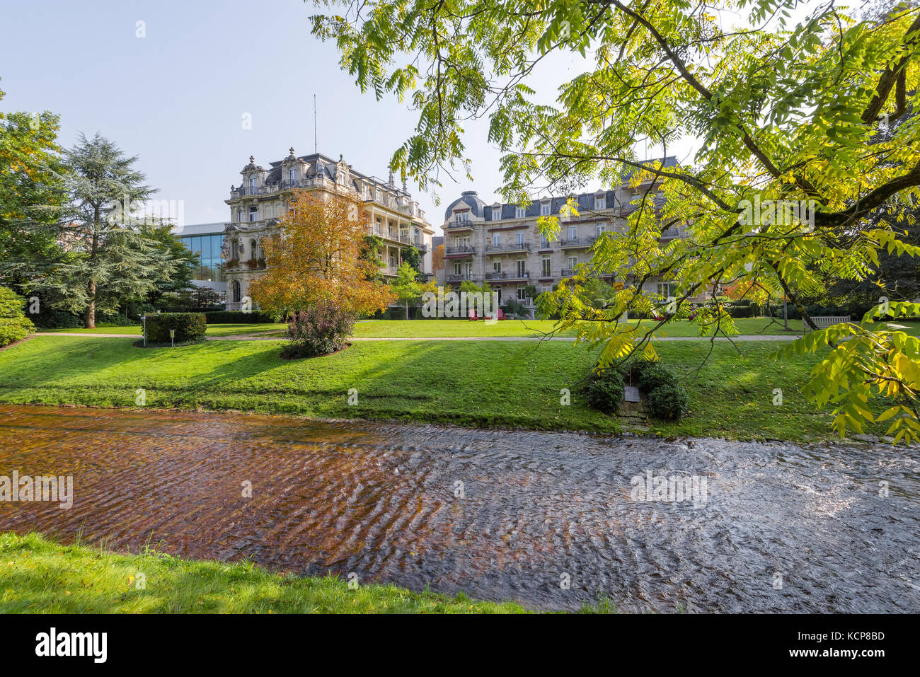 world famous hotel Brenners Parkhotel at the river Oos, spa park and arboretum at the Lichtentaler Allee in Baden-Baden, Black Forest, Germany Stock Photo