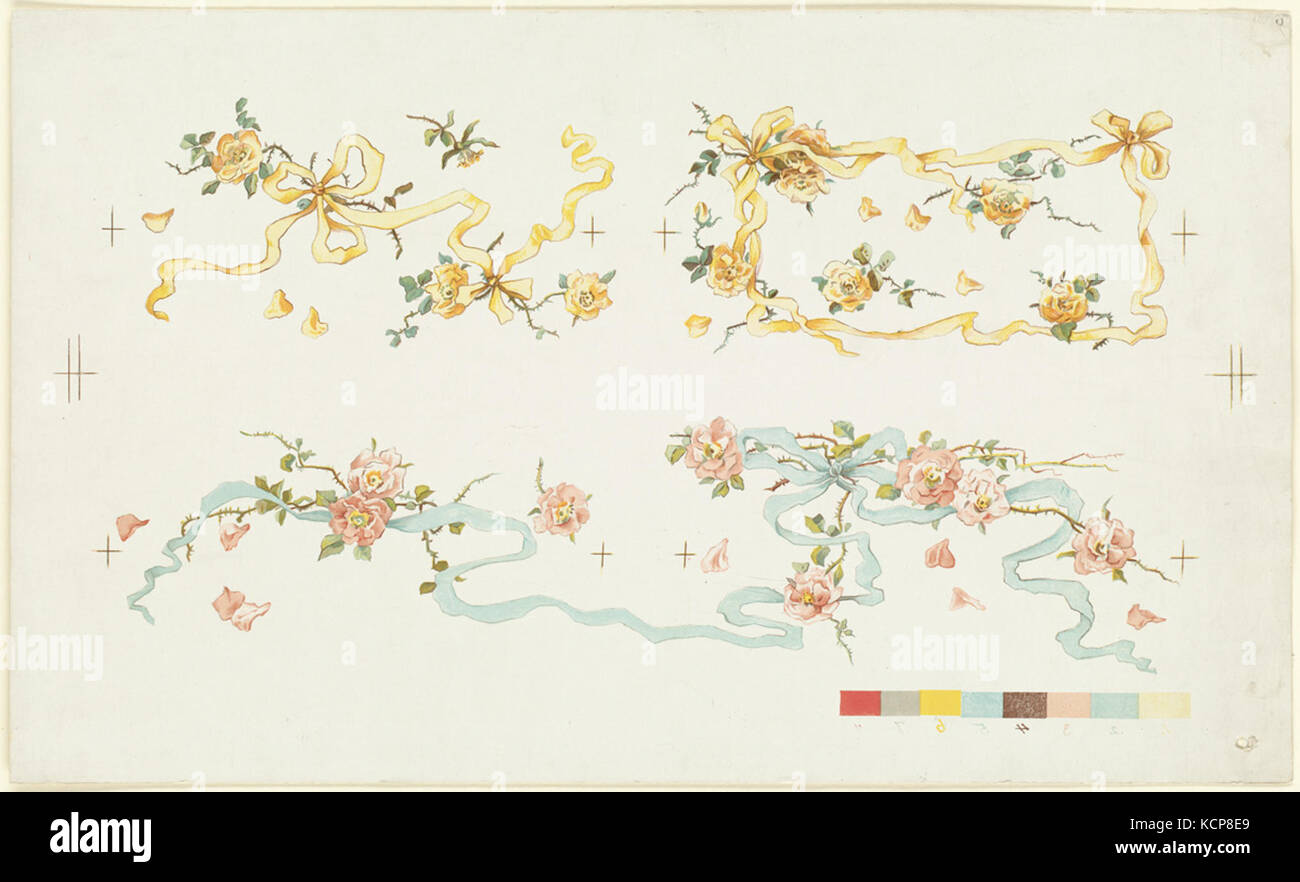 Four Groups of Roses Entwined with Ribbons by Boston Public Library Stock Photo