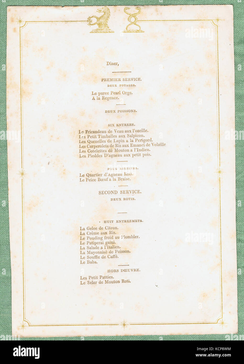 Gold lettered menu card (b) with crests of T. C. Bisse Challoner, mid 19th century, as used in Mayfair or Surrey, UK Stock Photo