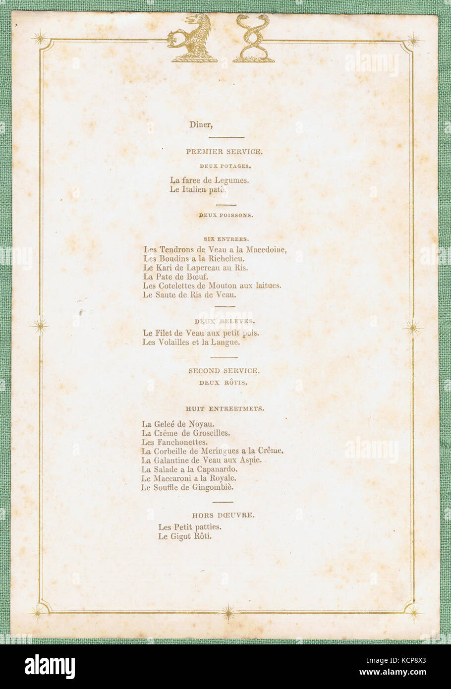 Gold lettered menu card (c) with crests of T. C. Bisse Challoner, mid 19th century, as used in Mayfair or Surrey, UK Stock Photo