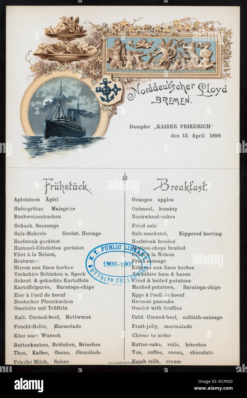 BREAKFAST (held by) NORDDEUTCHER LLOYD BREMEN (at) KAISER FRIEDRICH AT SEA (SS; FOR;) (NYPL Hades 271599 467759) Stock Photo