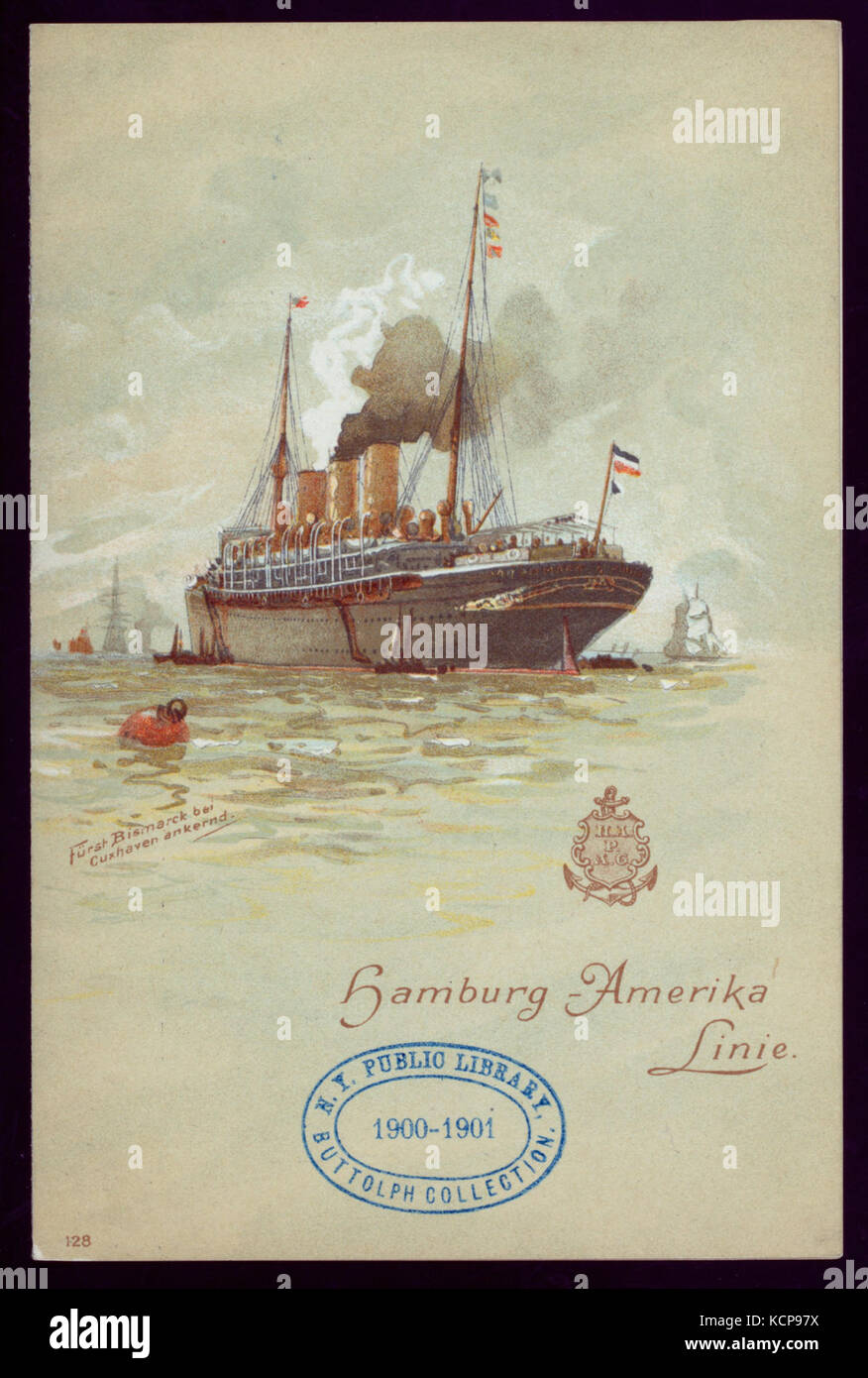 DINNER (held by) HAMBURG AMERIKA LINIE (at) ENROUTE ABOARD SCHNELLDAMPFER (EXPRESS STEAMER) FURST BISMARCK (SS;) (NYPL Hades 271985 468145) Stock Photo