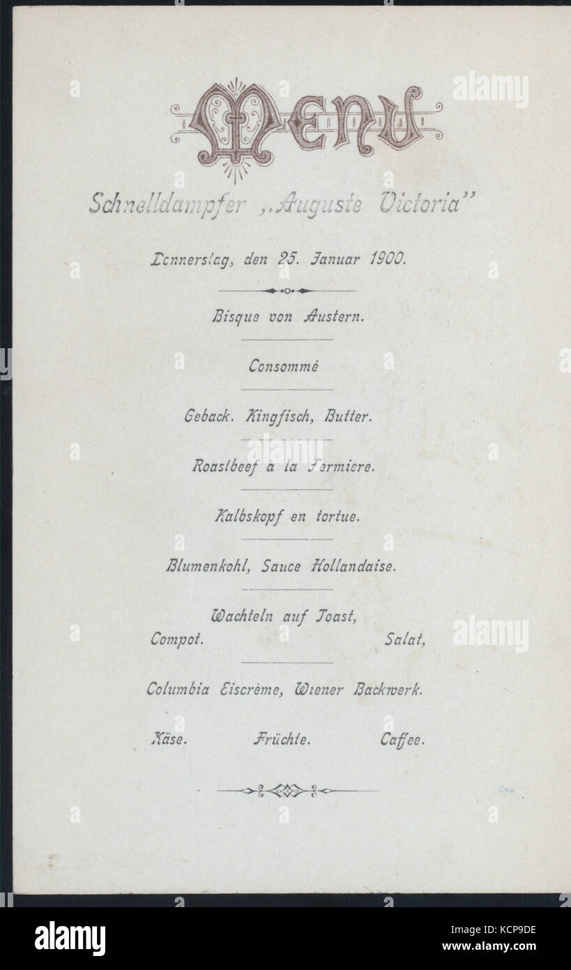 DINNER (held by) HAMBURG AMERIKA LINIE (at) SS AUGUSTE VICTORIA (SS;) (NYPL Hades 272398 4000007389) Stock Photo