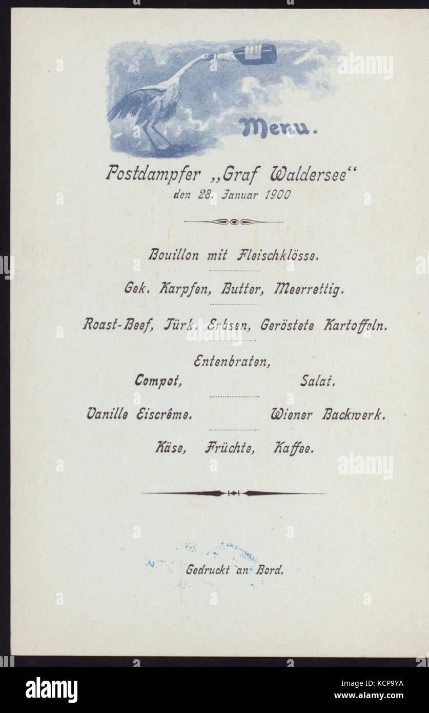 DINNER (held by) HAMBURG AMERIKA LINIE (at) SS GRAF WALDERSEE (SS;) (NYPL Hades 272427 4000007455) Stock Photo