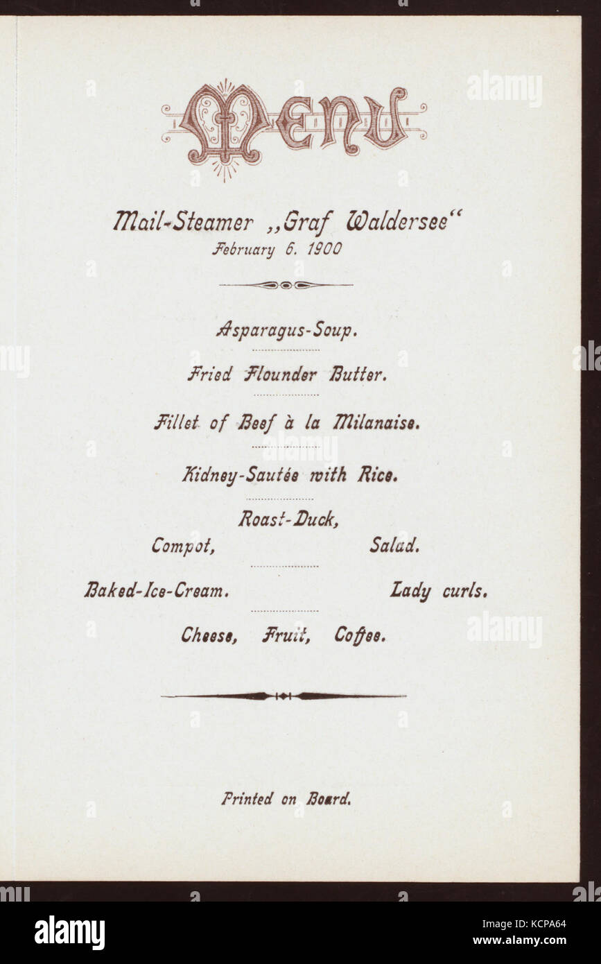 DINNER (held by) HAMBURG AMERIKA LINIE (at) POSTDAMPFER GRAF WALDERSEE (SS;) (NYPL Hades 272606 4000007798) Stock Photo