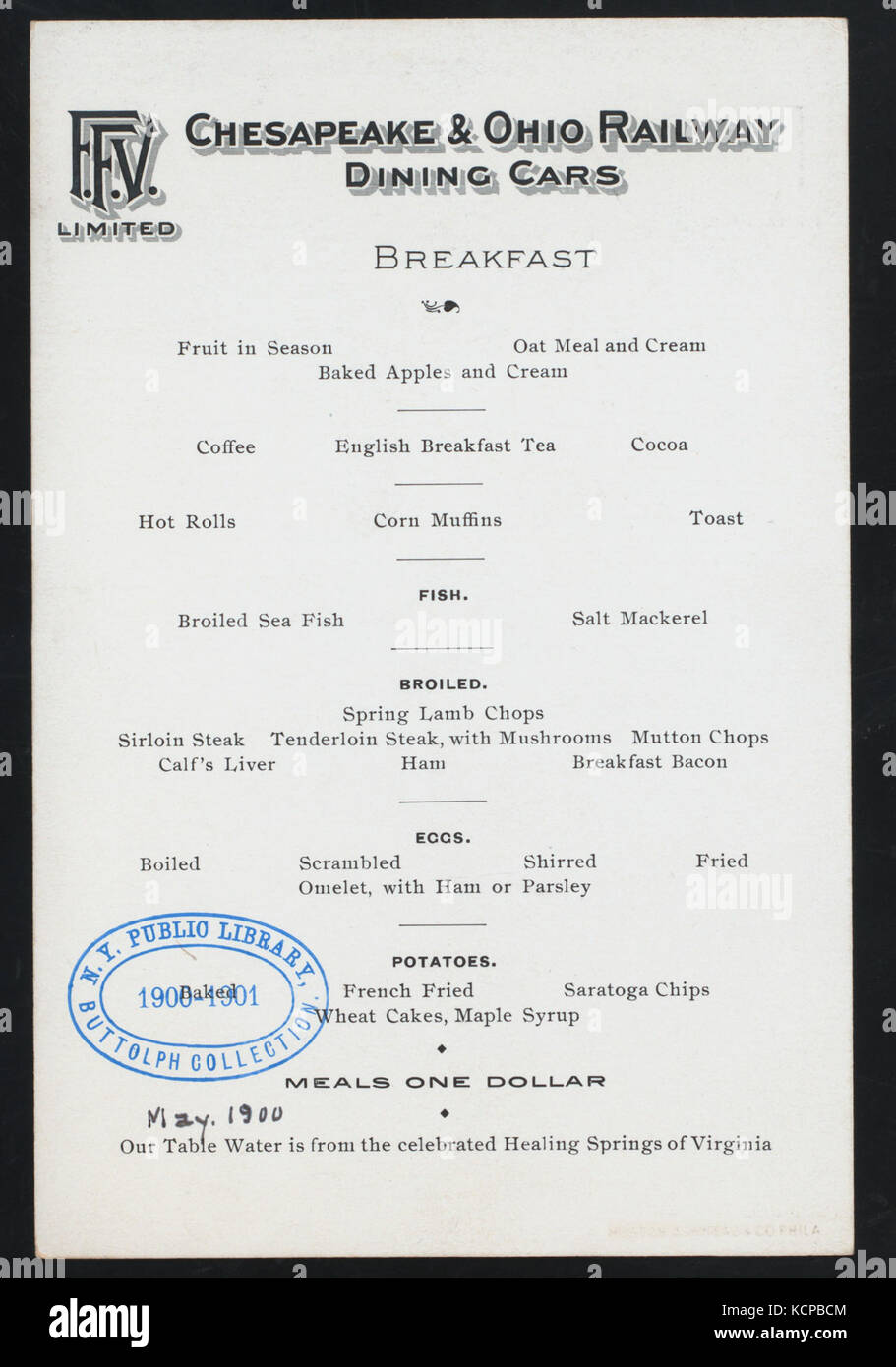 BREAKFAST (held by) CHESAPEAKE & OHIO RAILWAY (at) FFV LIMITED DINING CARS (RR;) (NYPL Hades 273866 467281) Stock Photo