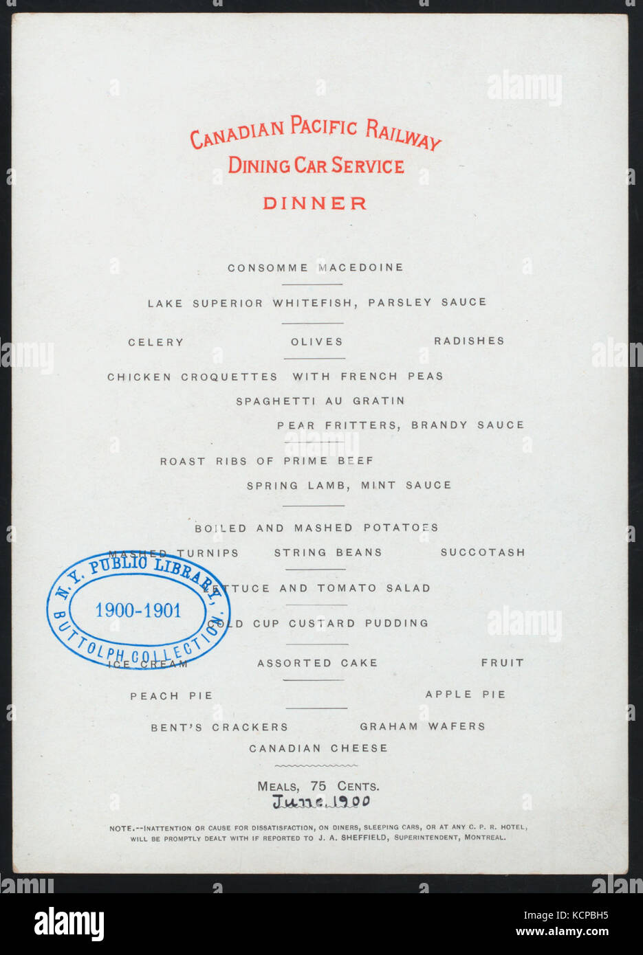 DINNER (held by) CANADIAN PACIFIC RAILWAY (at) DINING CAR SERVICE (RR;) (NYPL Hades 274084 468359) Stock Photo