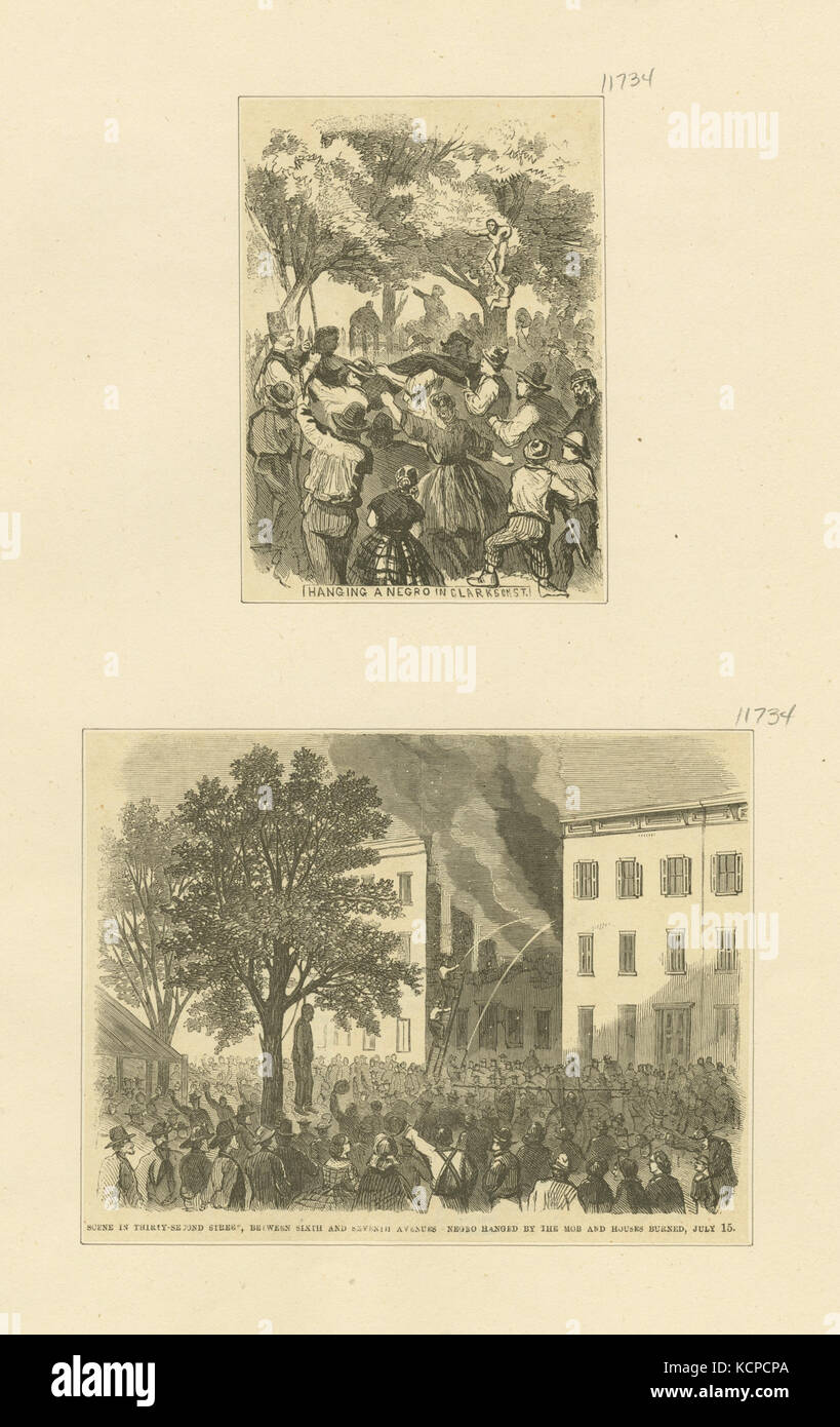 Hanging a negro in Clarkson St; Scene in Thirty second Street between Sixth and Seventh Avenues; Negro hanged by the mob and houses burned, July 15 (NYPL b13476047 423297) Stock Photo