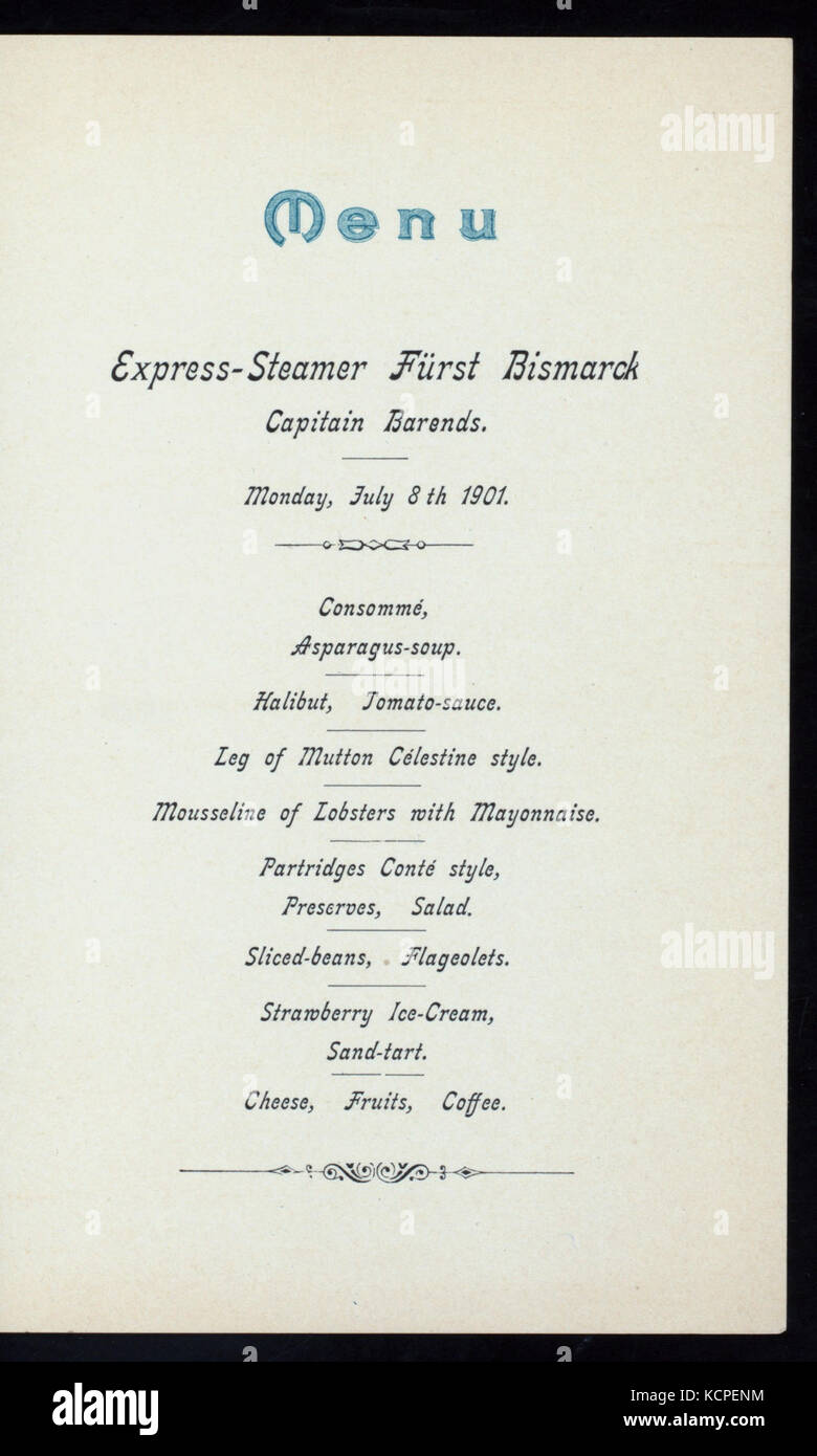 DINNER (held by) HAMBURG AMERIKA LINIE (at) SS FURST BISMARCK (SS;) (NYPL Hades 276940 4000014504) Stock Photo