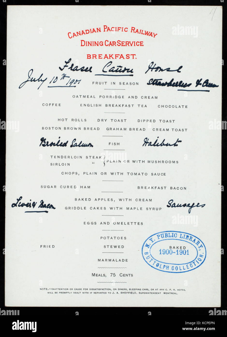 BREAKFAST (held by) CANADIAN PACIFIC RAILWAY (at) DINING CAR (RR;) (NYPL Hades 277022 469417) Stock Photo