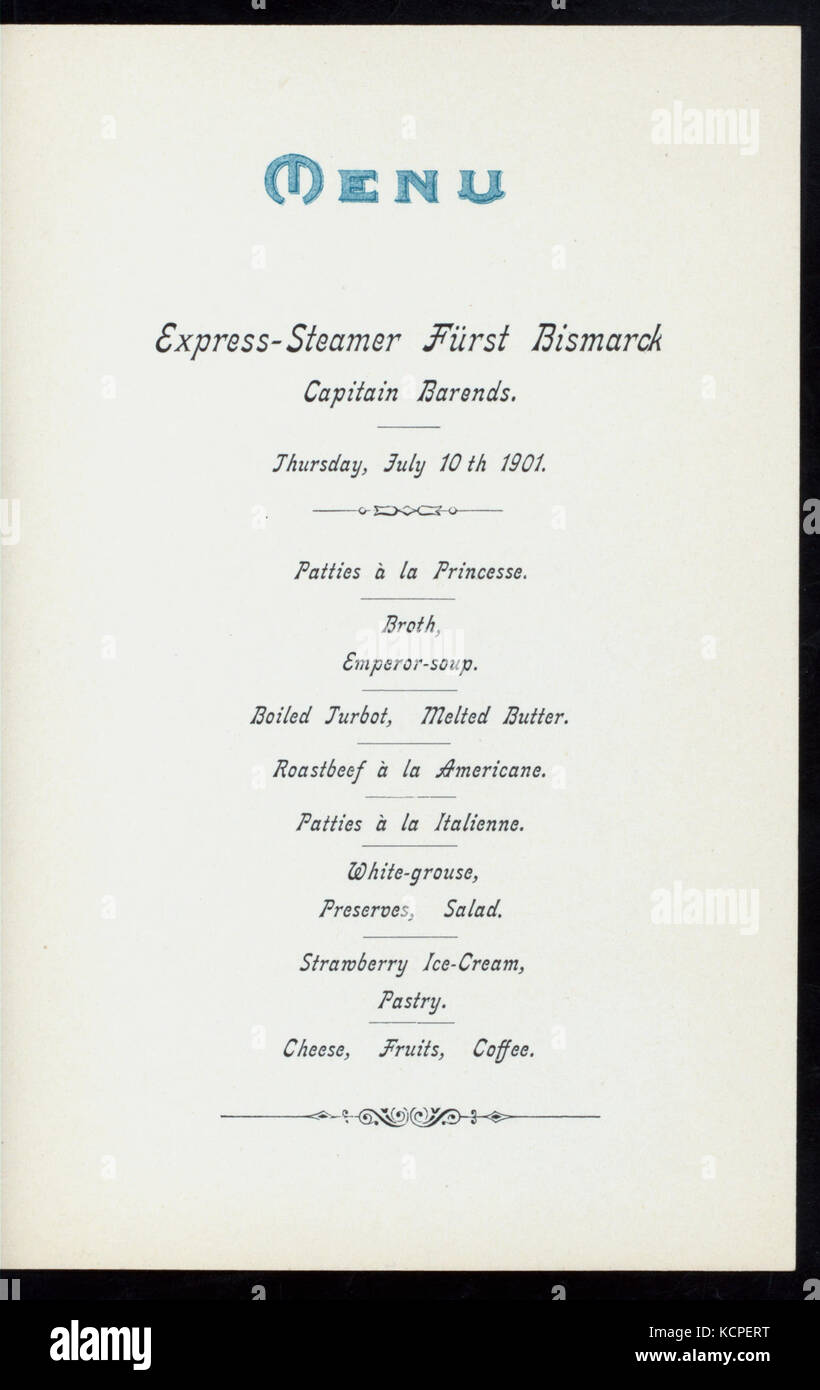 DINNER (held by) HAMBURG AMERIKA LINIE (at) EN ROUTE ABOARD EXPRESS STEAMER FURST BISMARCK (SS;) (NYPL Hades 277046 4000014572) Stock Photo