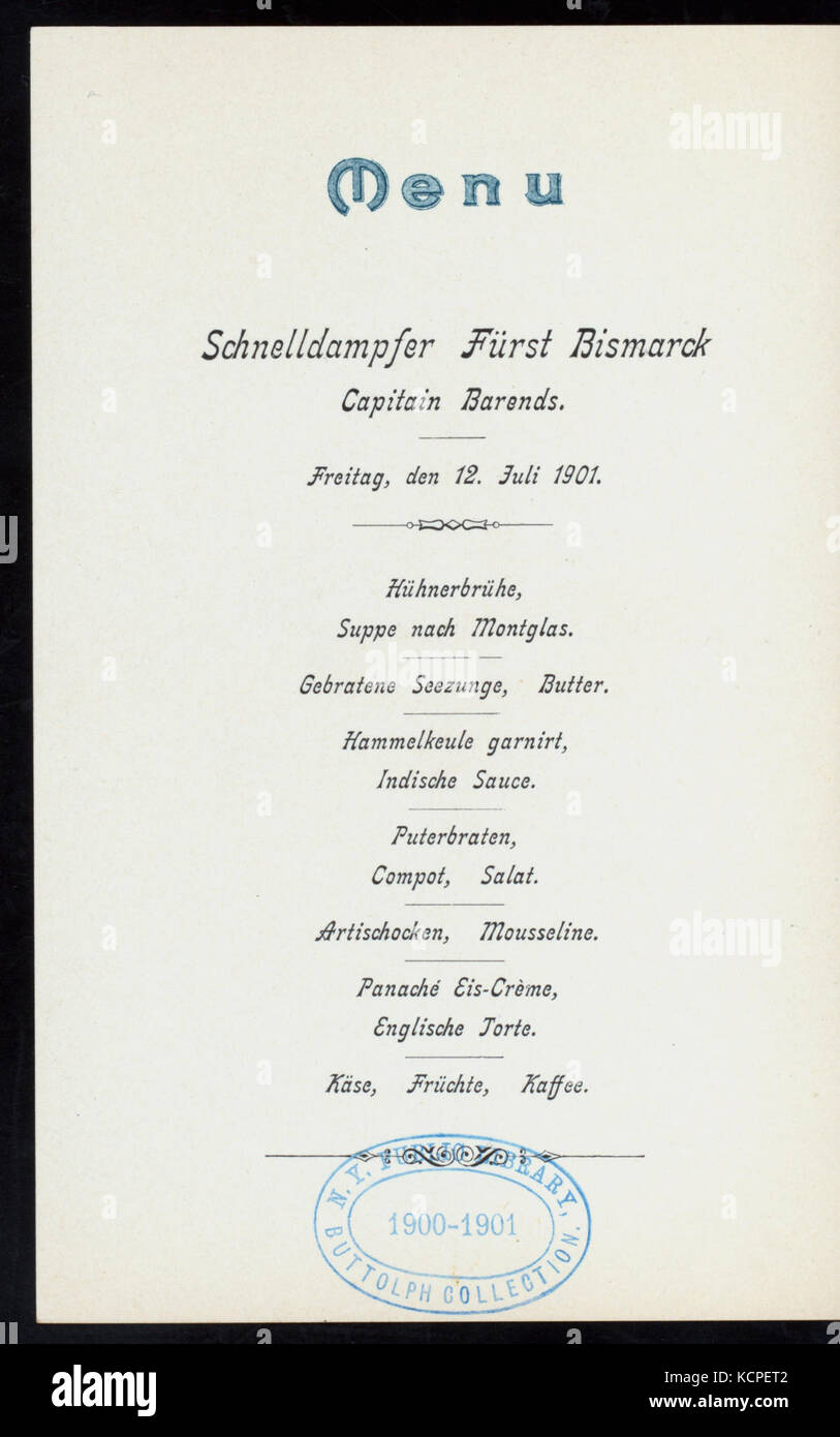 DINNER (held by) HAMBURG AMERIKA LINIE (at) EN ROUTE ABOARD EXPRESS STEAMER FURST BISMARCK (SS;) (NYPL Hades 277052 4000014579) Stock Photo