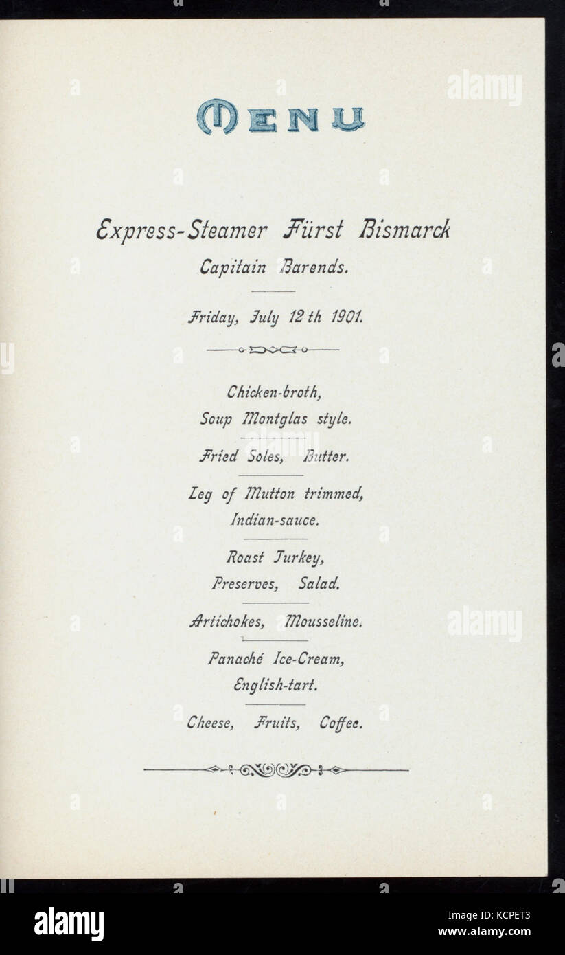 DINNER (held by) HAMBURG AMERIKA LINIE (at) EN ROUTE ABOARD EXPRESS STEAMER FURST BISMARCK (SS;) (NYPL Hades 277052 4000014580) Stock Photo