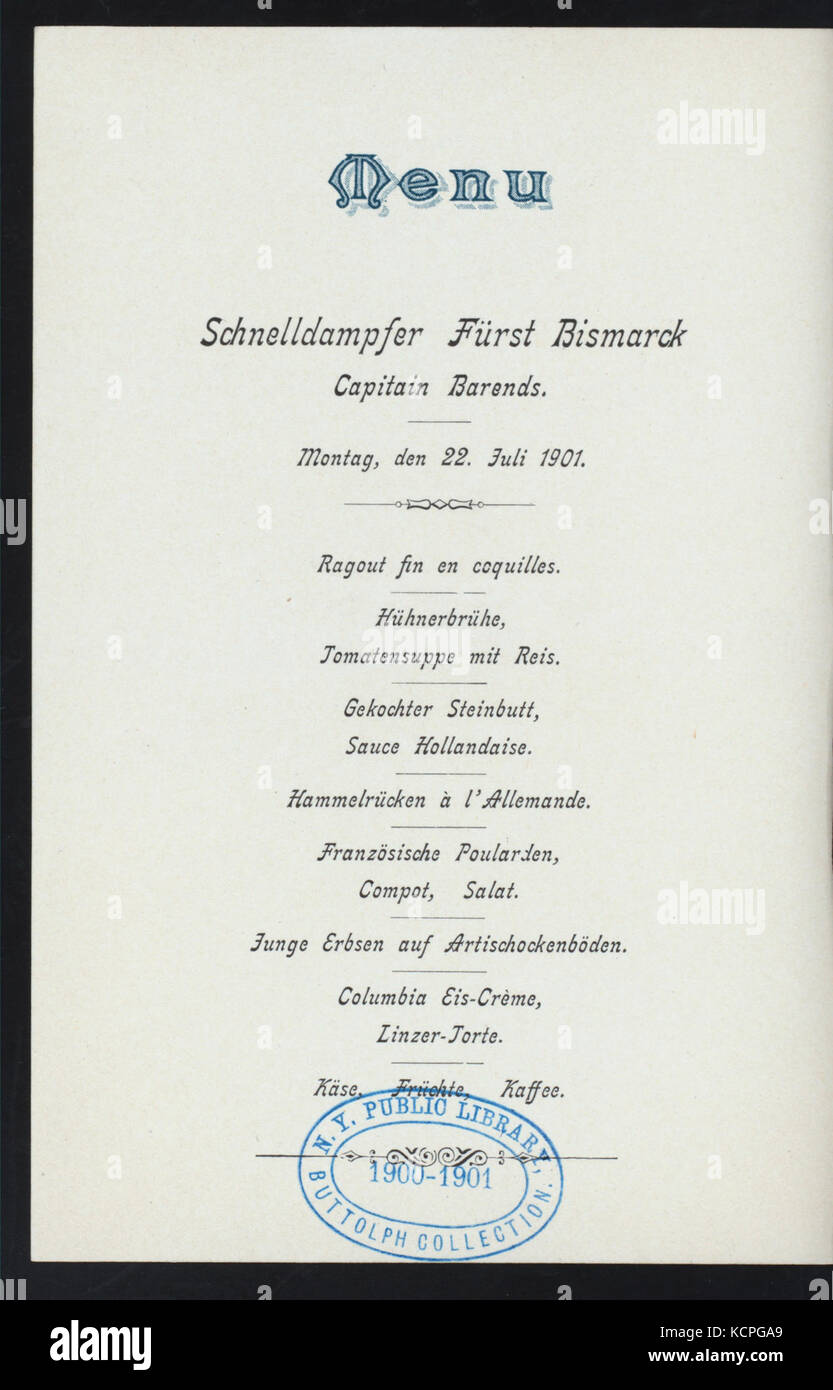 DINNER (held by) HAMBURG AMERIKA LINIE (at) EN ROUTE ABOARD EXPRESS STEAMER FURST BISMARCK (SS;) (NYPL Hades 277093 4000014639) Stock Photo