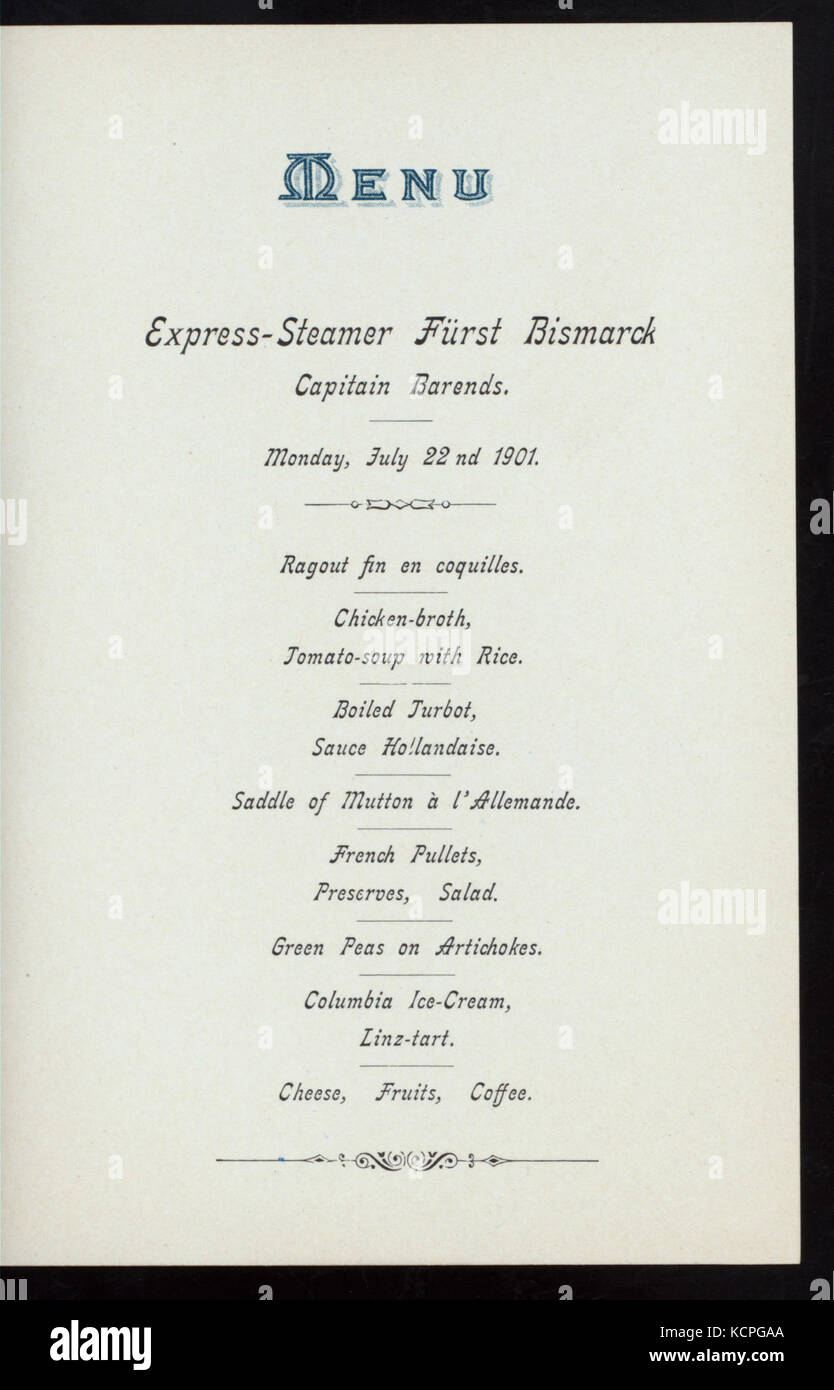 DINNER (held by) HAMBURG AMERIKA LINIE (at) EN ROUTE ABOARD EXPRESS STEAMER FURST BISMARCK (SS;) (NYPL Hades 277093 4000014640) Stock Photo