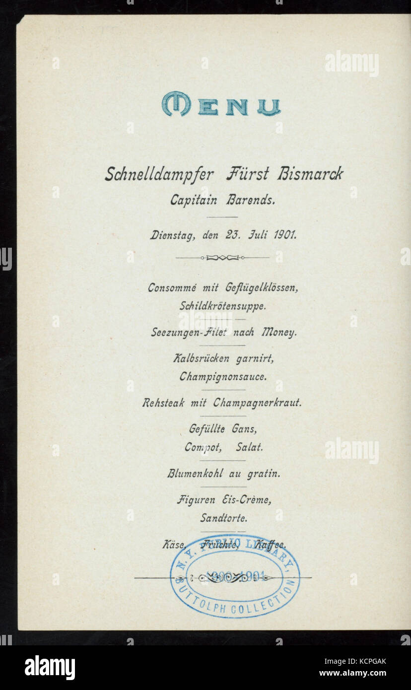 DINNER (held by) HAMBURG AMERIKA LINIE (at) EN ROUTE ABOARD EXPRESS STEAMER FURST BISMARCK (SS;) (NYPL Hades 277099 4000014649) Stock Photo