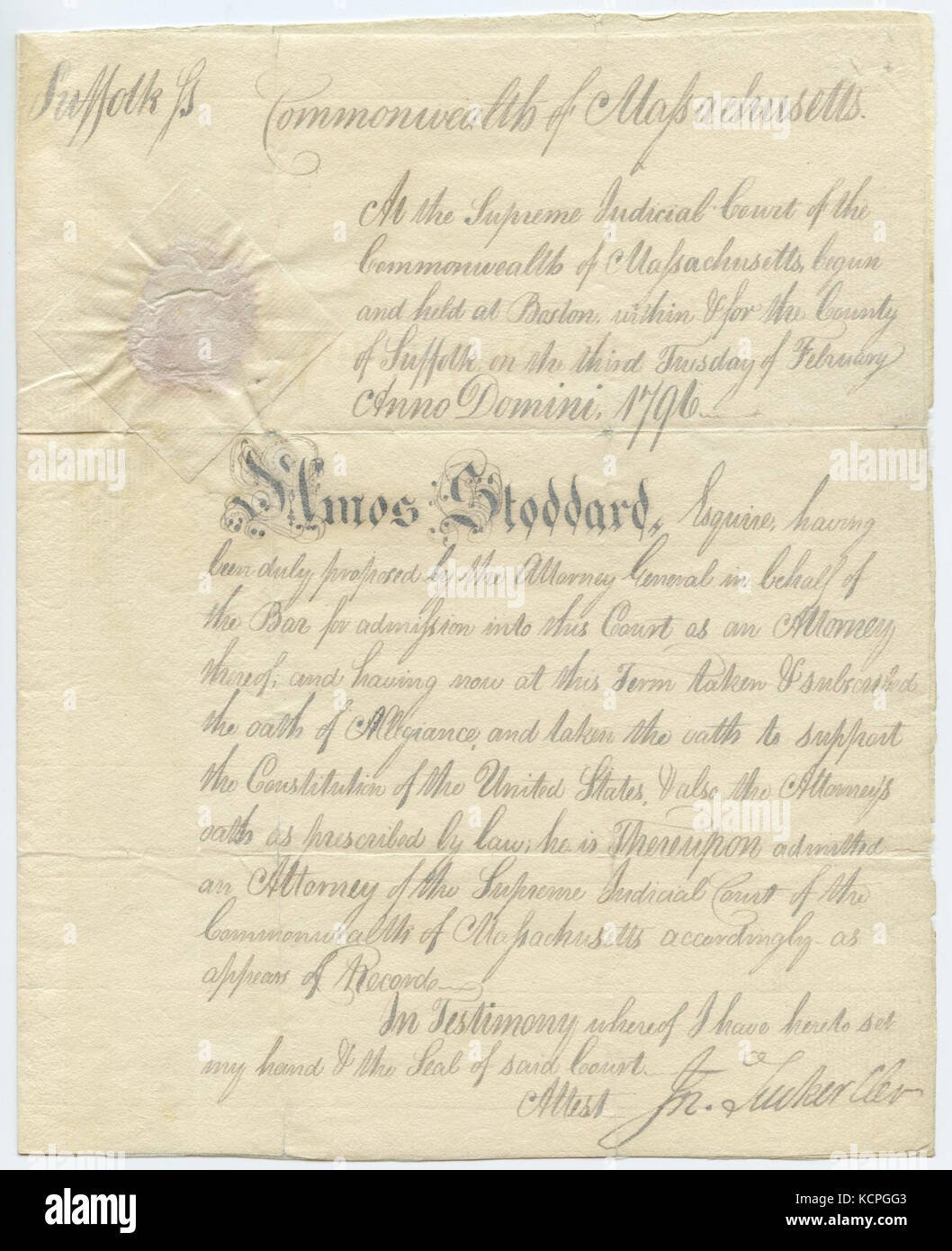 Certificate of admission for Amos Stoddard as attorney of the Supreme Judicial Court of the Commonwealth of Massachusetts, February 16, 1796 Stock Photo