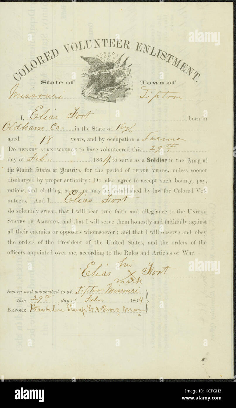 Colored volunteer enlistment of Elias Fort, sworn and subscribed to at Tipton, Missouri, February 29, 1864 Stock Photo