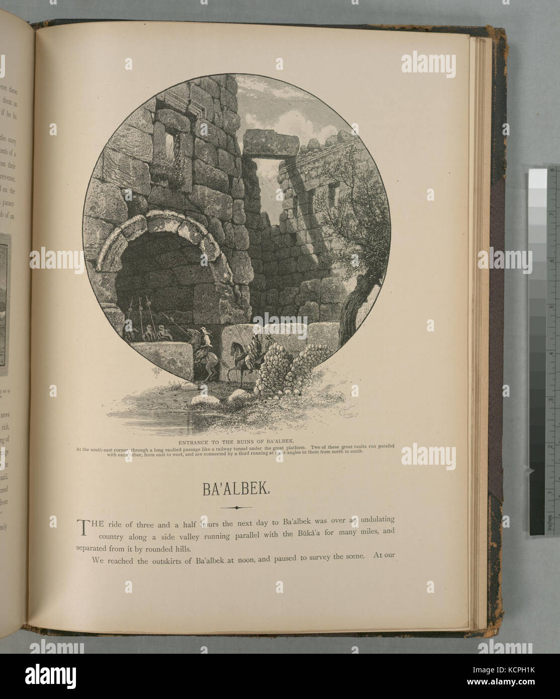 Entrance to the ruins of Ba'albek. At the south west corner, through a long vaulted passage like a railway tunnel under the great platform. Two of these great vaults run parallel with each (NYPL b10607452 80545) Stock Photo
