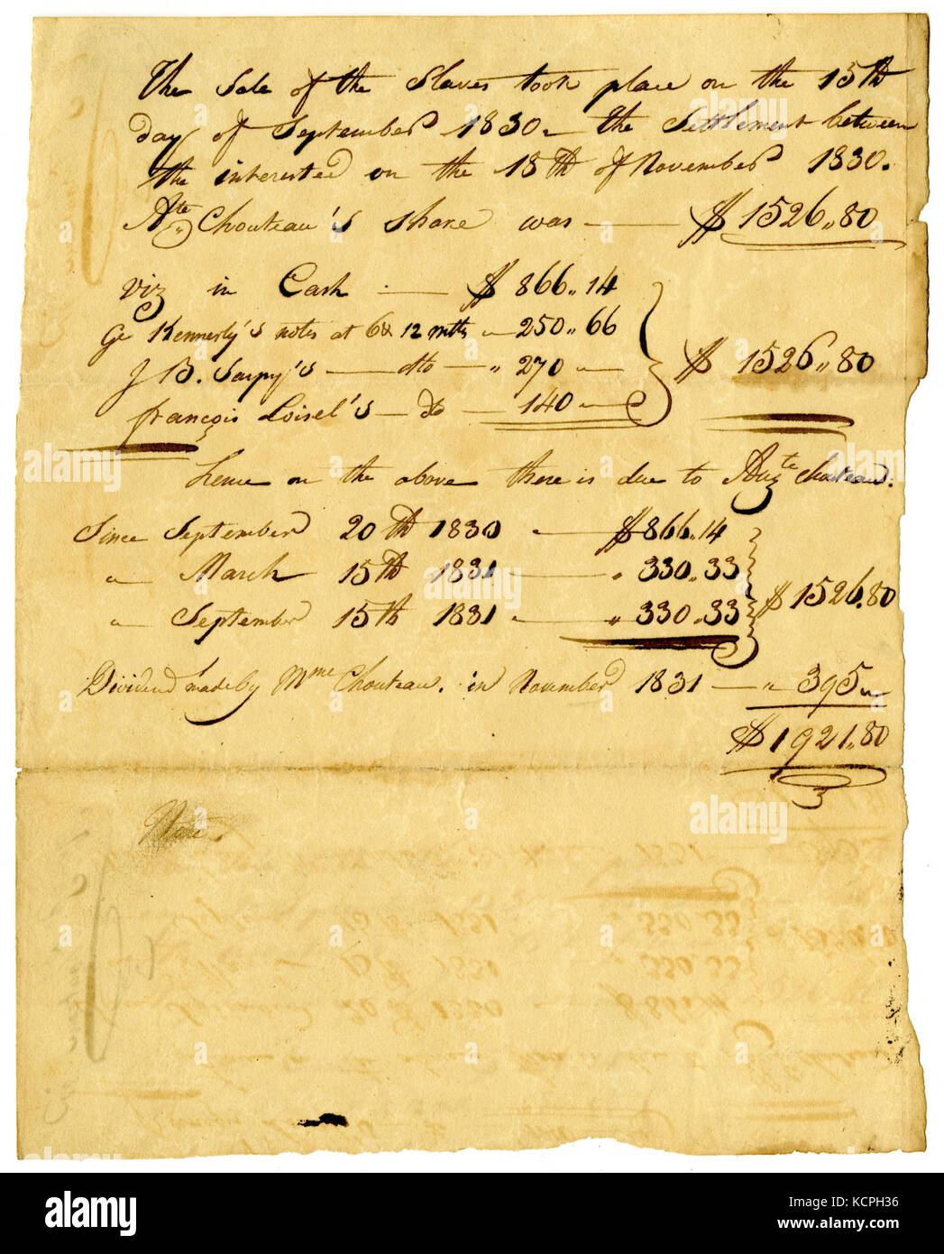Document regarding sale of slaves and share coming to various individuals, November 1831 Stock Photo