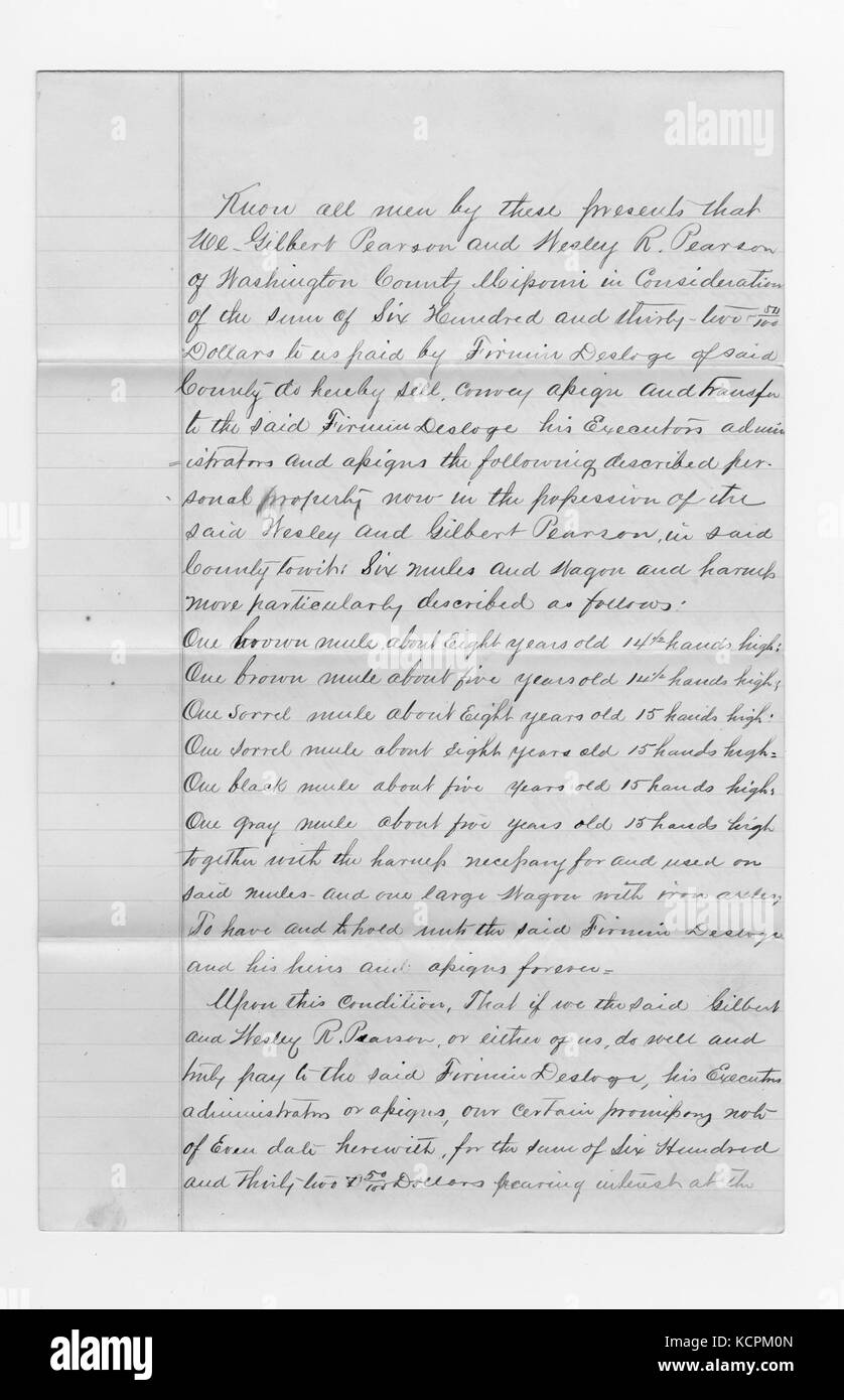 Chattel mortgage signed Gilbert Pearson and Wesley R. Pearson, Washington County, March 2, 1873 Stock Photo