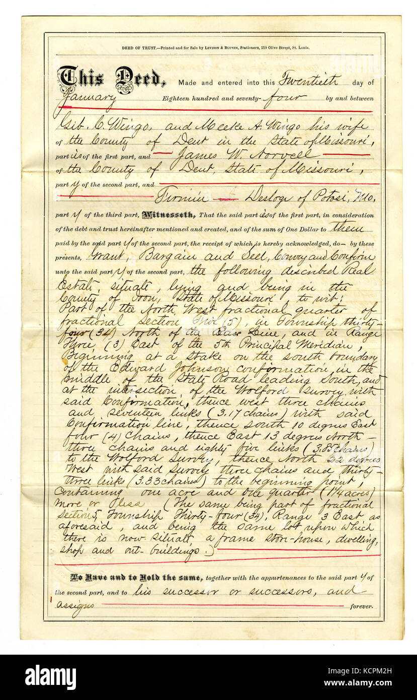 Deed of trust signed Gibon C. Wingo and Meeke A. Wingo, January 20, 1874 Stock Photo