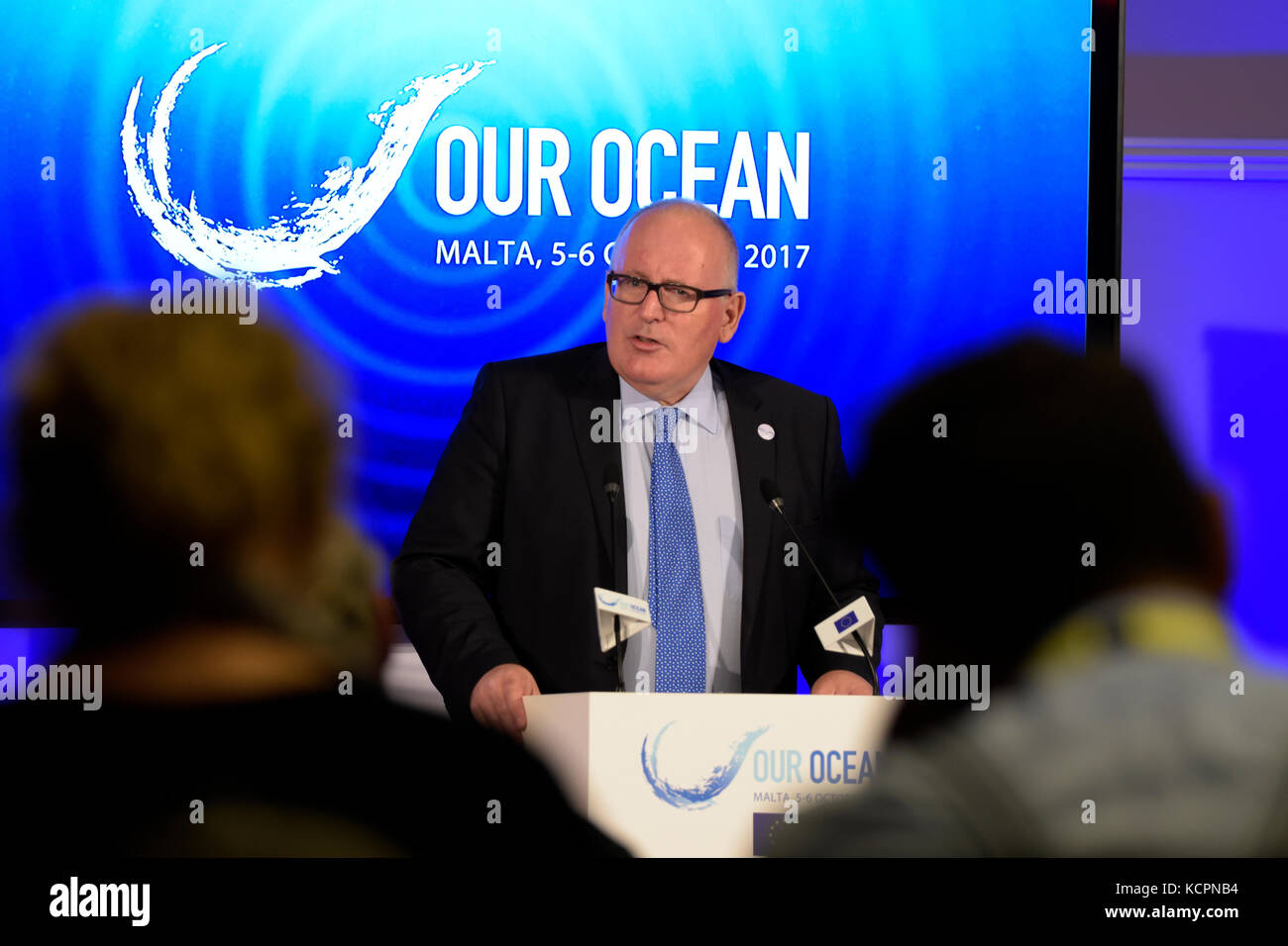 St. Julian's, Malta. 6th Oct, 2017. Frans Timmermans, First Vice-President of the European Commission, addresses a joint press of Our Ocean Conference 2017 in St. Julian's, Malta, on Oct. 6, 2017. More than 6 billion euros (7.01 billion U.S. dollars) was dedicated by public and private sectors from 112 countries to improve management of oceans at the Our Ocean conference 2017 being held on Friday in Malta. Credit: Mark Zammit Cordina/Xinhua/Alamy Live News Stock Photo
