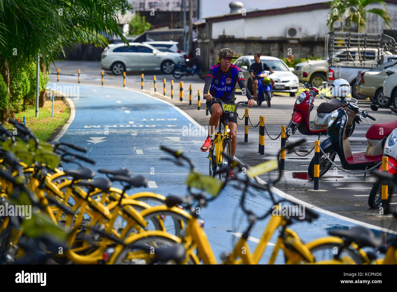 Phuket, Thailand. 6th Oct, 2017. A man rides an ofo sharing-bike on a bike lane at a public park in Phuket, Thailand, Oct. 6, 2017. China's dock-less bike-sharing company ofo provide d more than 1,000 bikes in Phuket's key locations in late September and offered a 1-month free trial without deposit fee. Now the bike-sharing service has benefited local residents and tourists. Ofo's regular service fee will be charged at 5 Baht per 30 minutes usage, with a deposit fee of 99 Baht. Credit: Li Mangmang/Xinhua/Alamy Live News Stock Photo
