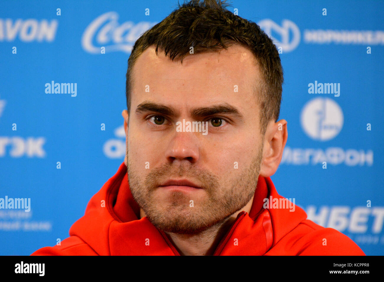 Russian national football team goalkeeper Igor Akinfeev at press conference at VEB Arena stadium in Moscow ahead of international test match against South Korea. Stock Photo