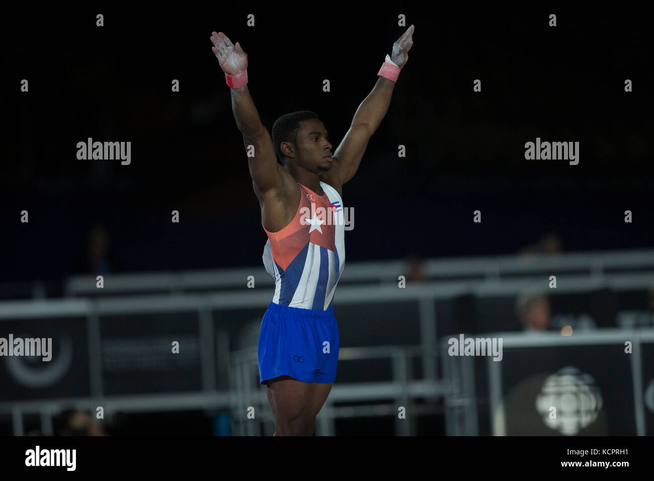 Montreal, Canada. 05th Oct, 2017. Gymnast Manrique Larduet (CUB) competes in the men's individual all-around final during the 47th FIG Artistic Gymnastics World Championships in Montreal, Canada. Melissa J. Perenson/CSM/Alamy Live News Stock Photo