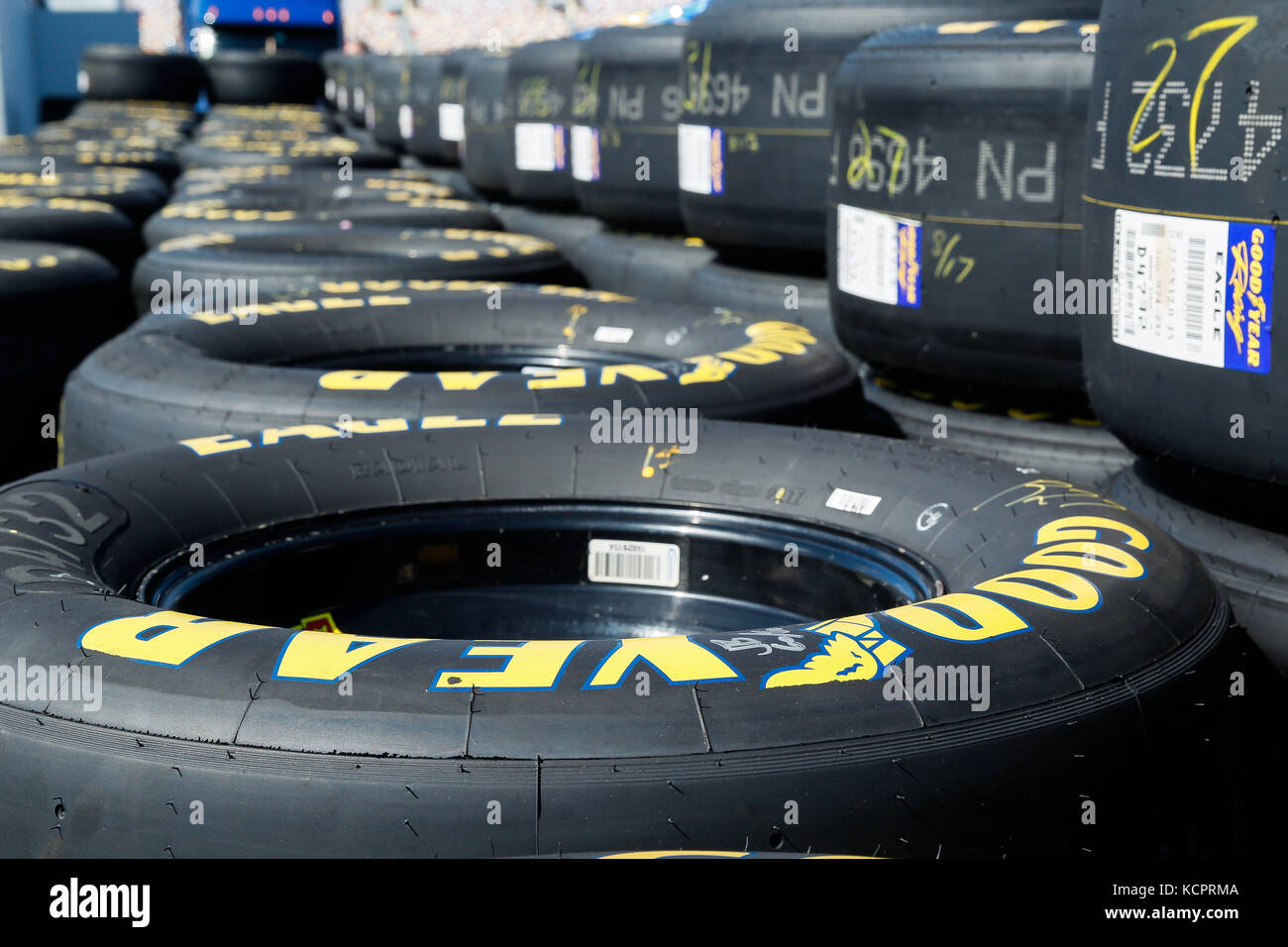 Charlotte, NC, USA. 6th Oct, 2017. Goodyear tires are lined up and waiting for race day on the first day of the Bank of America weekend at Charlotte Motor Speedway in Charlotte, NC. (Scott Kinser/Cal Sport Media) Credit: csm/Alamy Live News Stock Photo