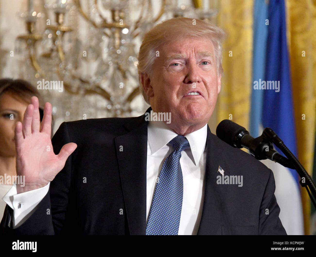 United States President Donald J. Trump makes remarks as he and first ...