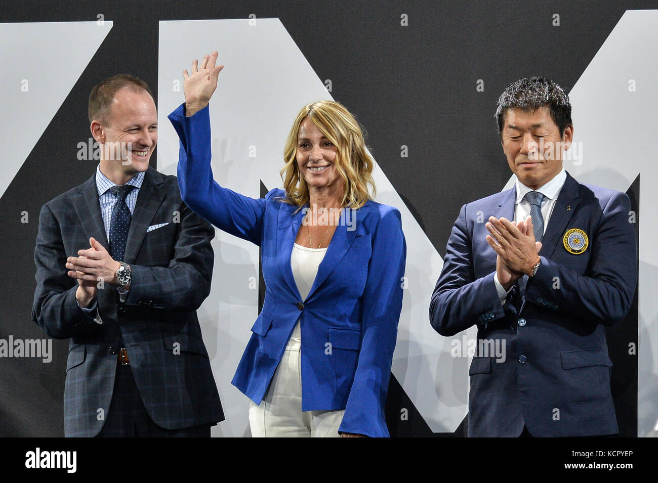 Montreal, Quebec, Canada. 6th Oct, 2017. NADIA COMANECI (center), is presented to the crowd during the Women's All-Around Finals held at the Olympic Stadium in Montreal, Quebec. Credit: Amy Sanderson/ZUMA Wire/Alamy Live News Stock Photo