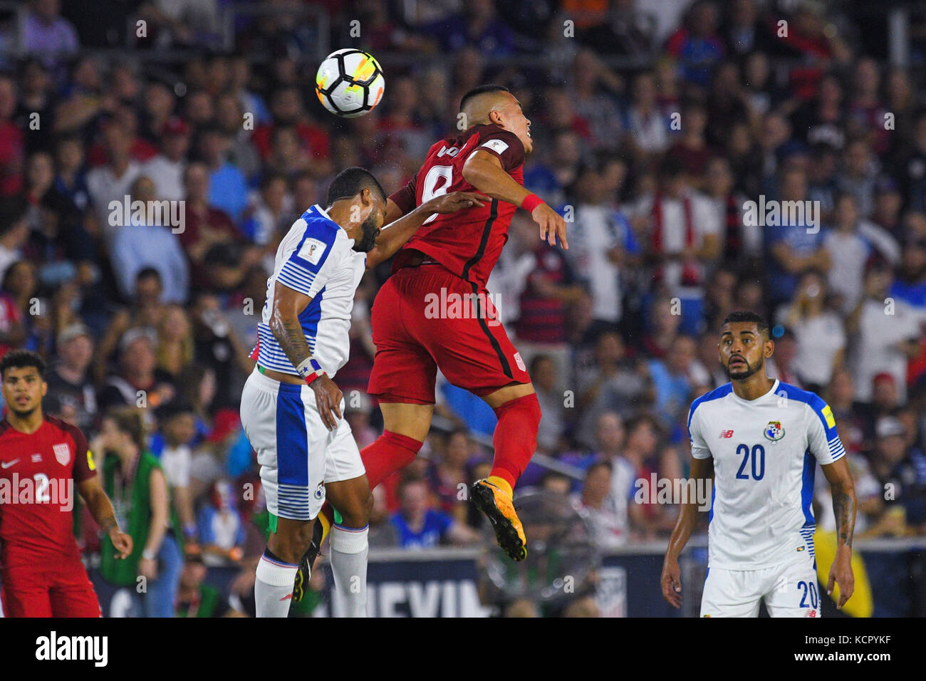 Orlando, Florida, USA. 6th Oct, 2017. United States forward Bobby Wood (9) and Panama defender Felipe Baloy (23) go airborne for a ball during a World Cup qualifying game at Orlando City Stadium on Oct. 6, 2017 in Orlando, Florida. The US won 4-0.Zuma Press/Scott Miller Credit: Scott A. Miller/ZUMA Wire/Alamy Live News Stock Photo