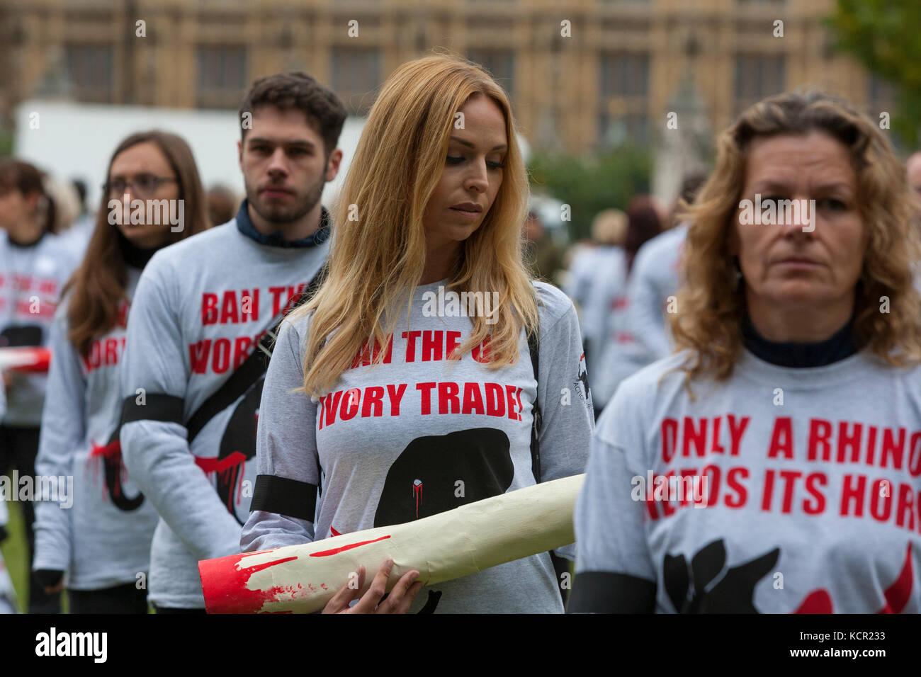 Parliament Square, London UK. 7th Oct, 2017. London GMFER Silent Protest: 7 October, 2017. Members of Action for Elephants UK stage a silent protest in Parliament Square to highlight the dwindling numbers of wild Elephants and Rhinos due to ivory poaching and the loss of habitat. Credit: Steve Parkins/Alamy Live News Stock Photo