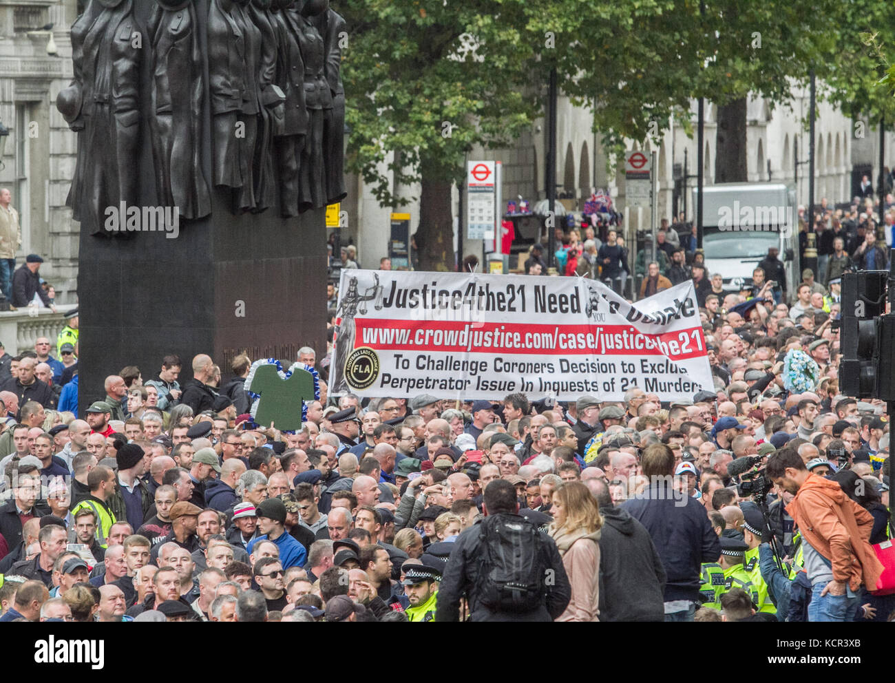 London, UK. 7th Oct, 2017. Thousands of supporters representing various English football clubs marchdown Whitehall in solidarity with veteran groups united against extremism. The march has been organised by the FLA (Football Lads' Alliance), which was formed in the wake of the Manchester bombings and the London Bridge terror attack on June 3 Credit: amer ghazzal/Alamy Live News Stock Photo