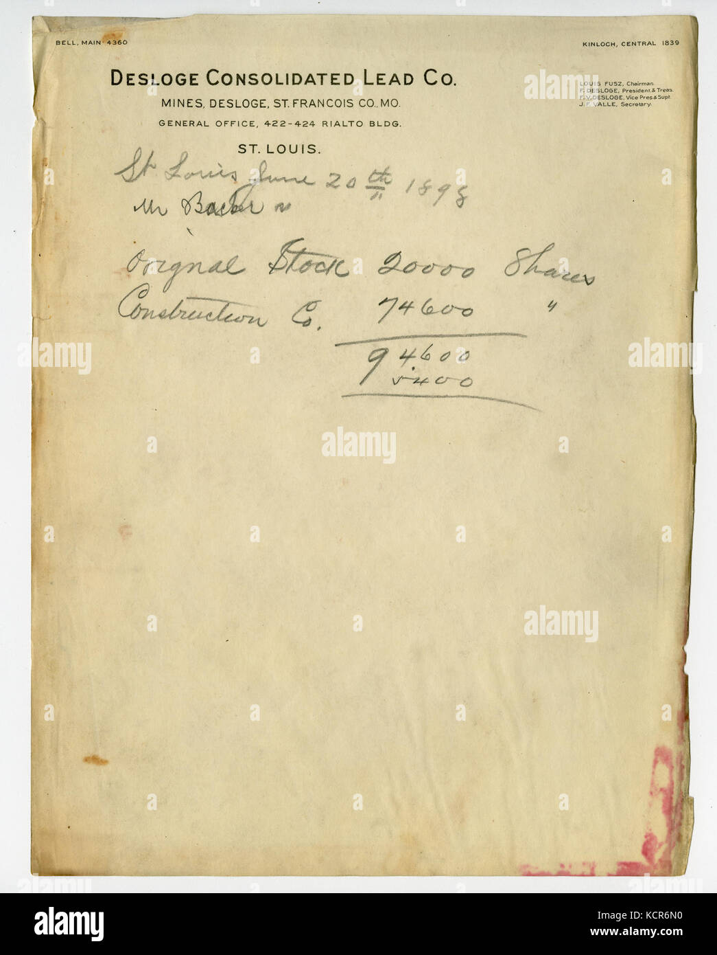 Desloge Consolidated Lead Co. letterhead with handwritten notes regarding stock, June 20, 1898 Stock Photo