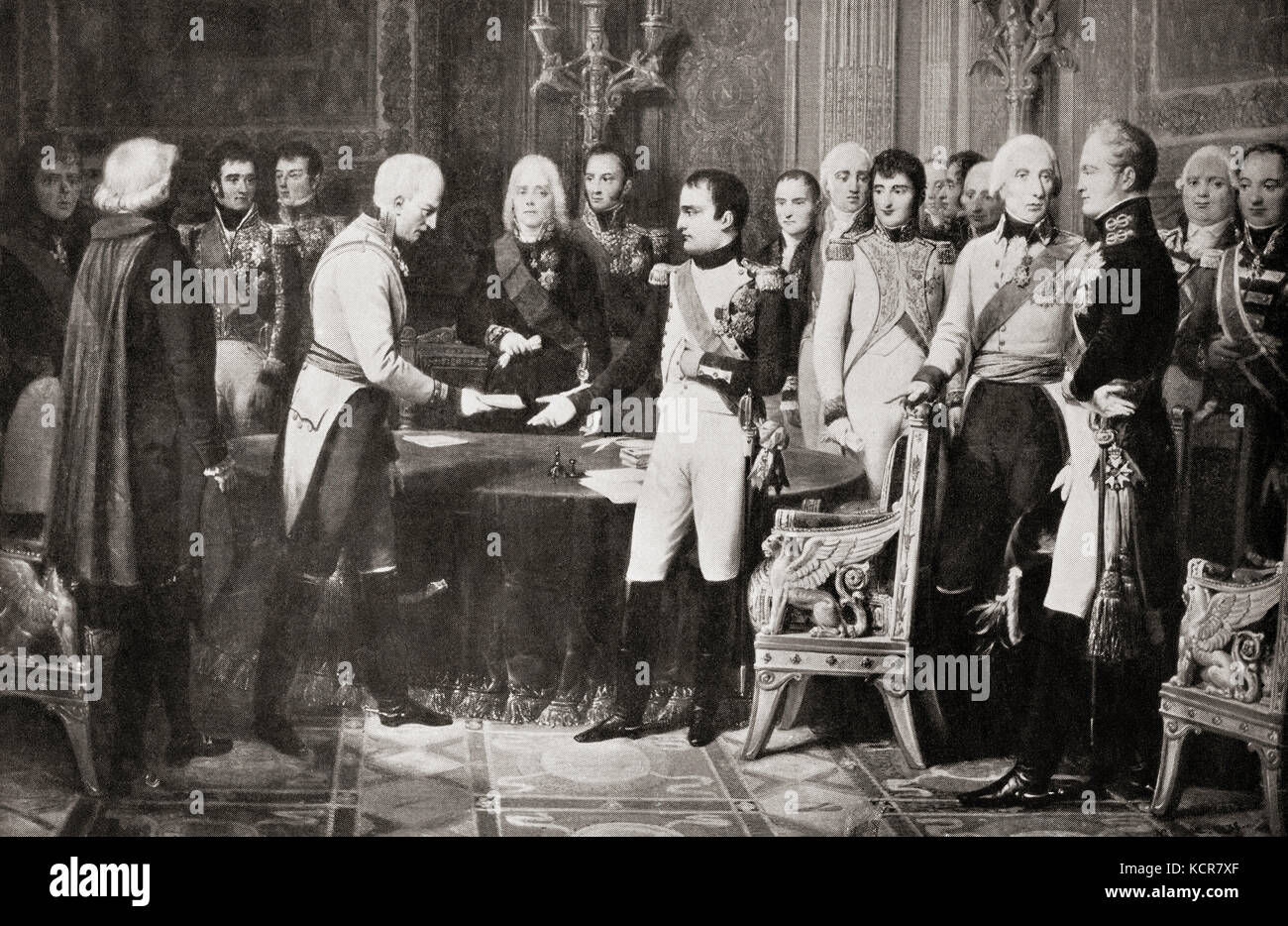 The Congress of Erfurt, a meeting between Napoleon, Emperor of the French, and Alexander I, Emperor of All Russia, from 27 September to 14 October 1808 intended to reaffirm the alliance concluded the previous year with the Treaties of Tilsit.  Napoléon Bonaparte, 1769 –1821. French military and political leader and emperor of the French.  Alexander I, 1777 –  1825.  Emperor of Russia.  From Hutchinson's History of the Nations, published 1915. Stock Photo