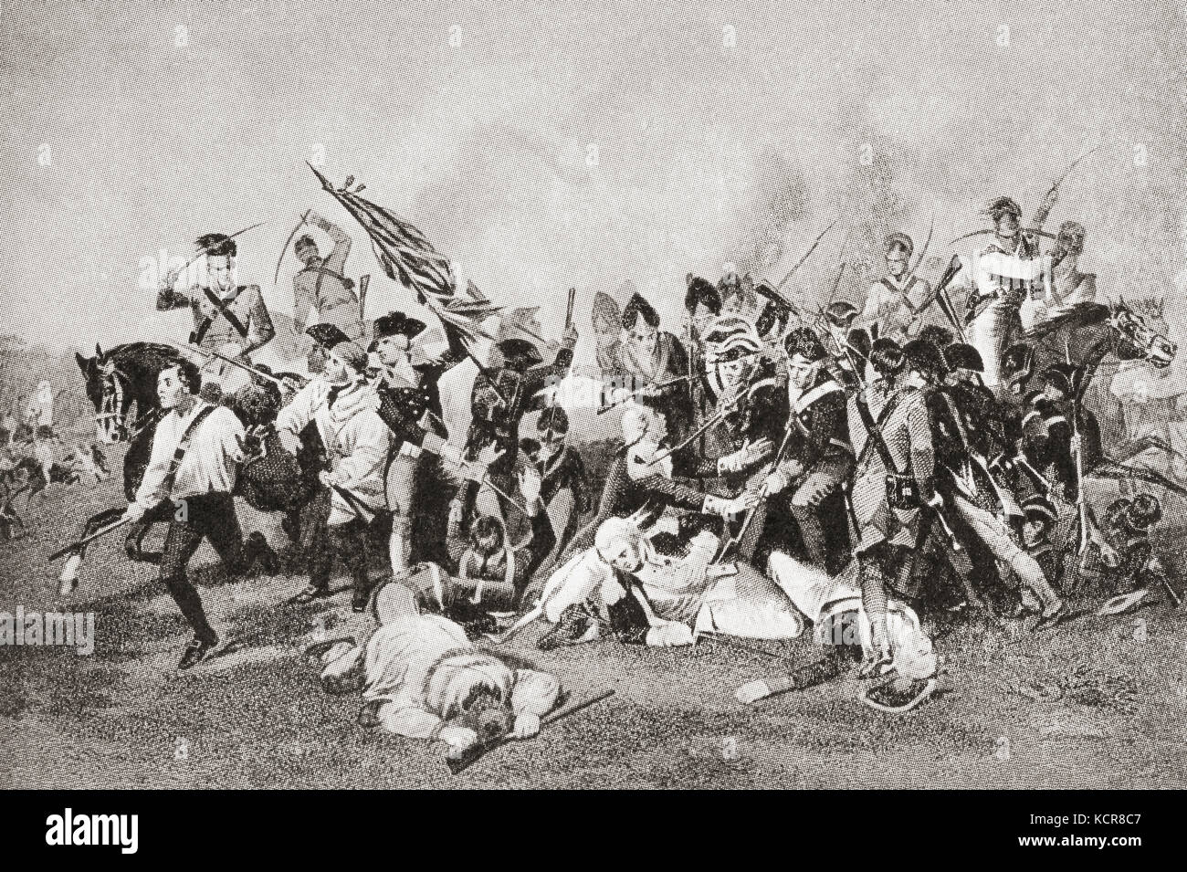 The death of Johann de Kalb,1780, at the Battle of Camden during theAmerican Revolutionary War. Johann von Robais, Baron de Kalb, 1721 – 1780, born Johann Kalb.  Bavarian-French military officer who served as a major general in the Continental Army during the American Revolutionary War.  From Hutchinson's History of the Nations, published 1915. Stock Photo