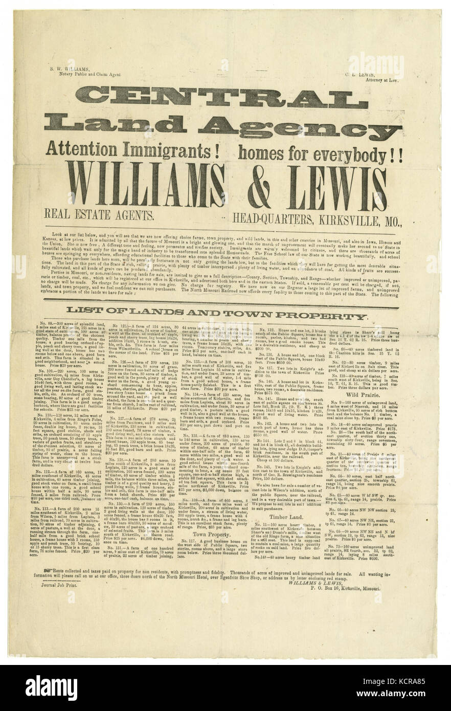 Advertisement of William and Lewis, real estate agents, with headquarters in Kirksville, Mo., ca