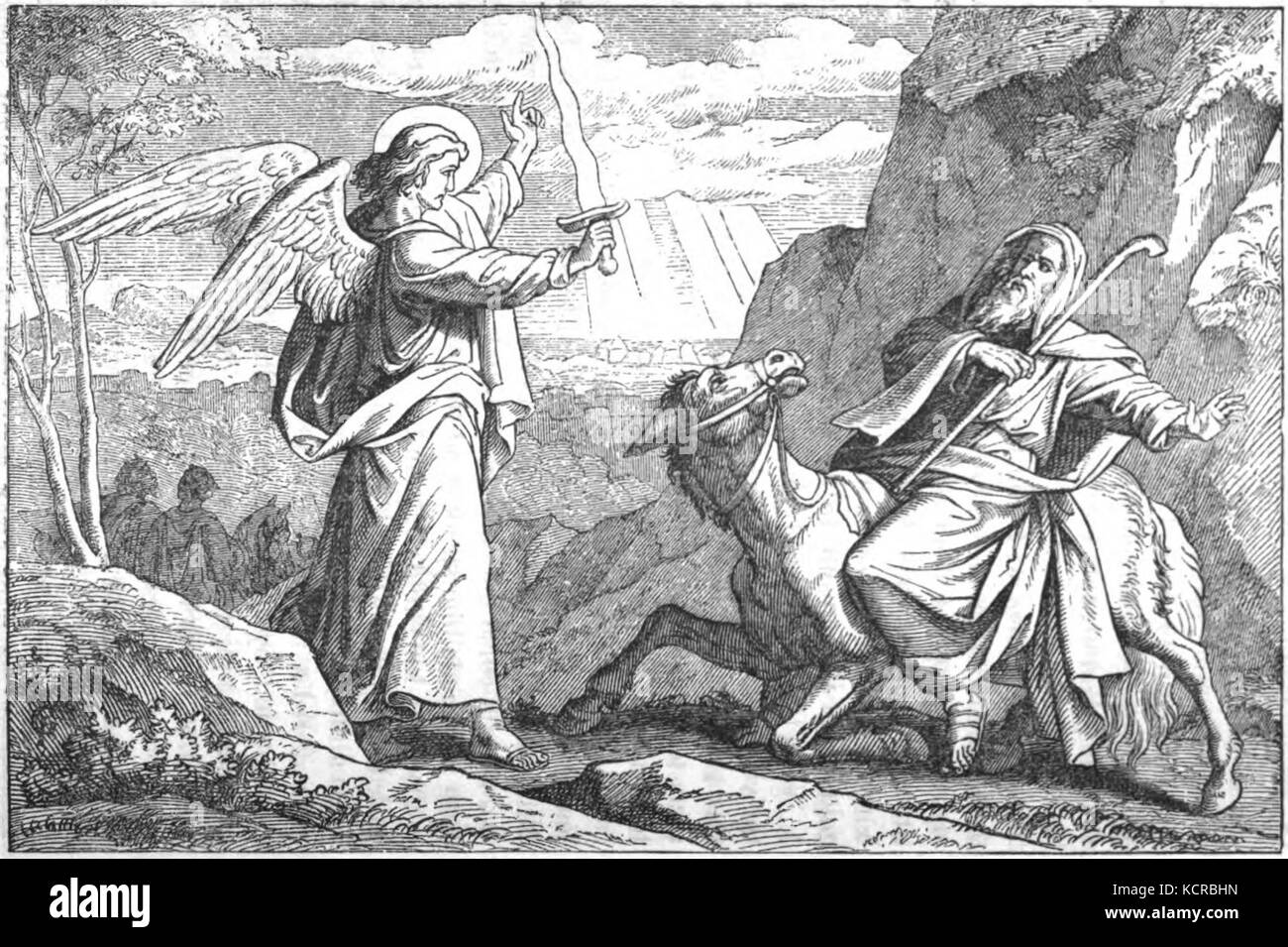 This biblical scene depicts Balaam, a prophet, as he sees an angel ...