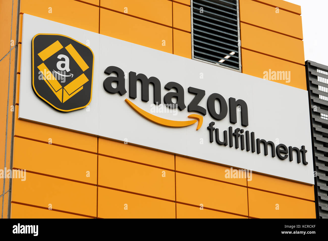 The signage for an Amazon Fulfillment centre located near to Manchester