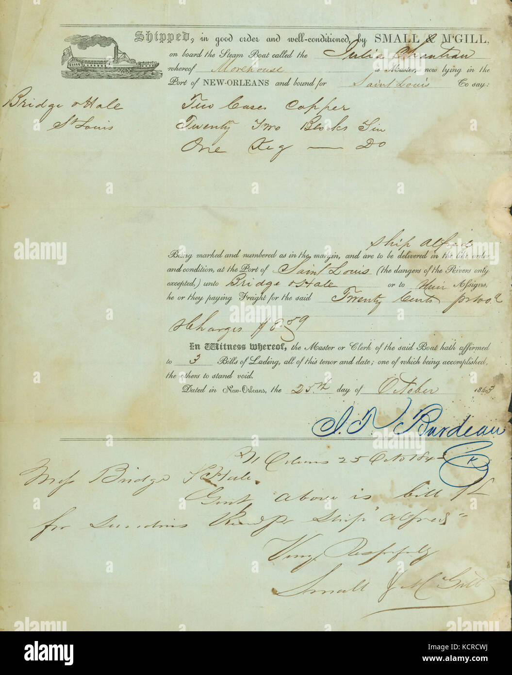 Bill of lading for copper and tin shipped by Small and McGill, New