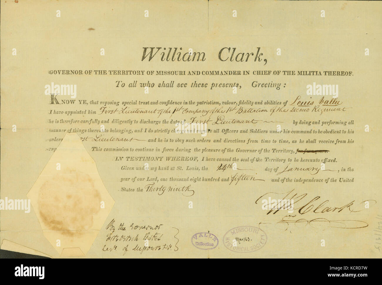 Commission of Louis Valle, signed by William Clark, governor of ...
